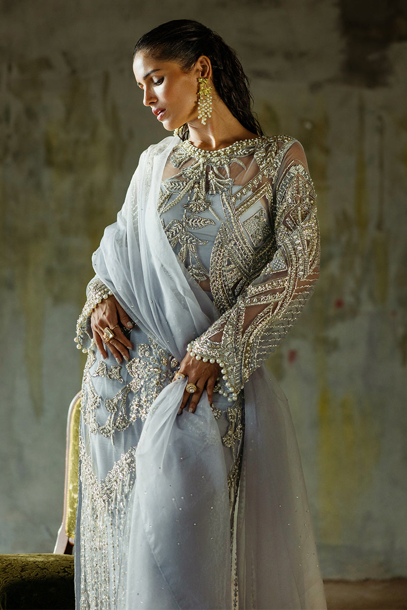 Women Wearing Pivoine Ice Blue Long Shirt for Luxury Events - Pakistani Designer Wear for Women in UK | Kifat
