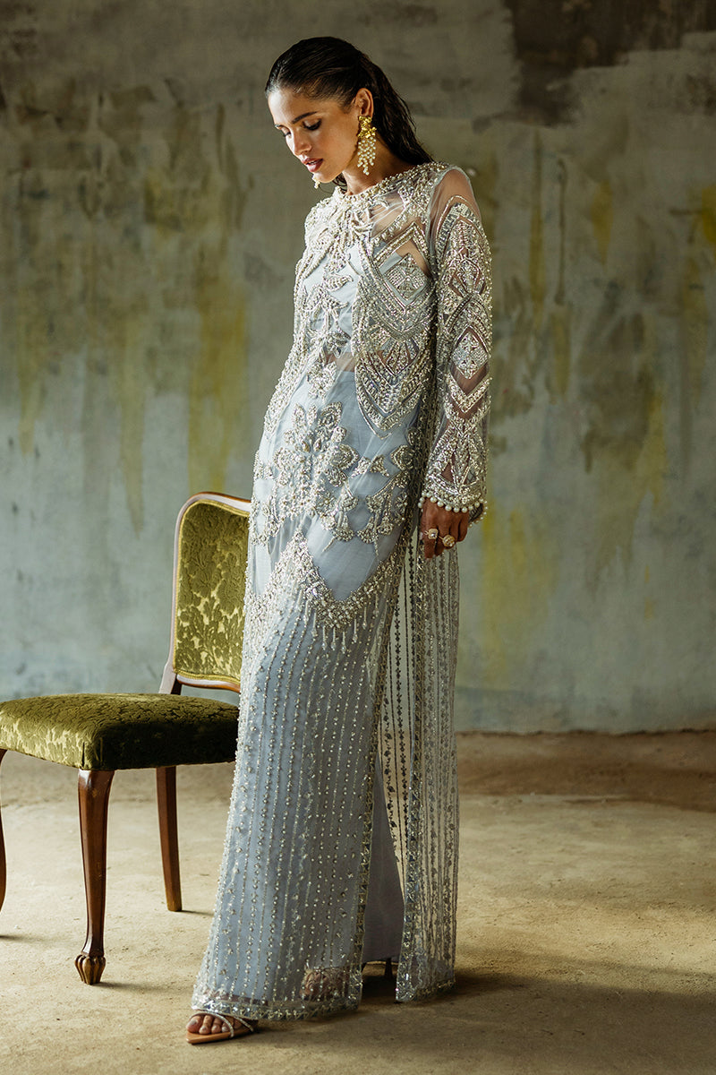 Women Wearing Pivoine Ice Blue Long Shirt for Luxury Events - Pakistani Designer Wear for Women in UK | Kifat