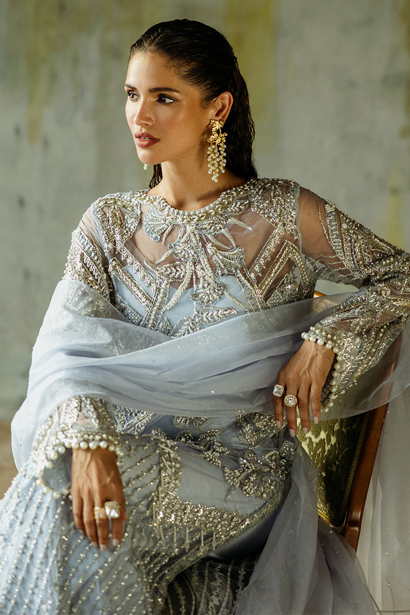 Women Wearing Pivoine Ice Blue Long Shirt for Luxury Events - Pakistani Designer Wear for Women in UK | Kifat