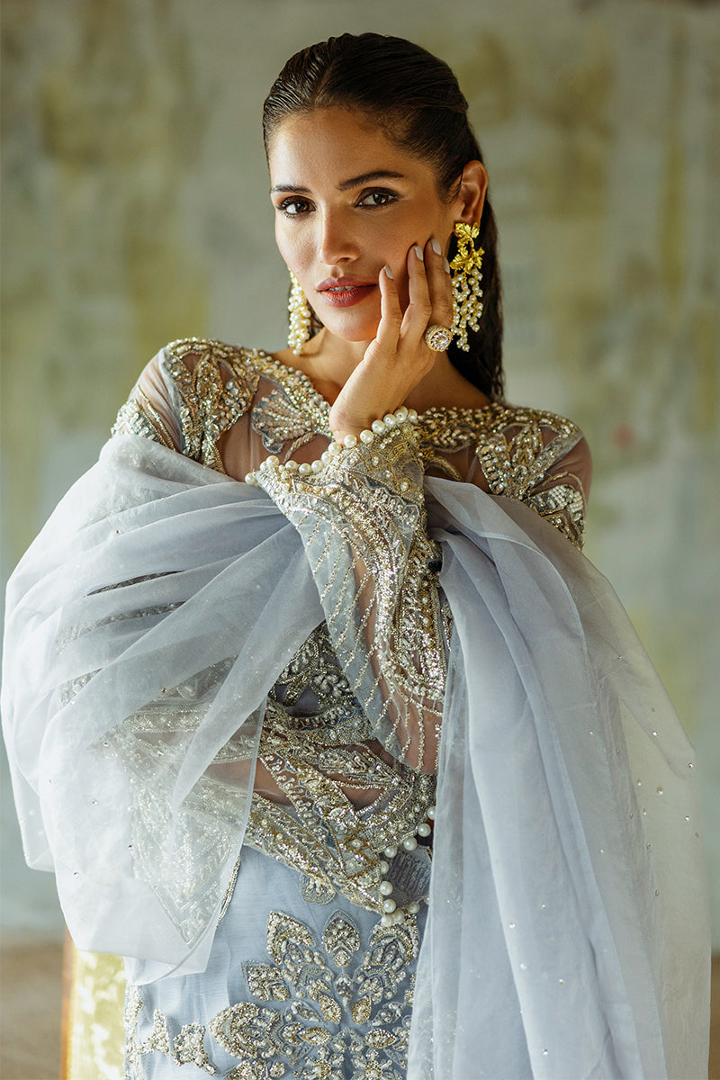 Women Wearing Pivoine Ice Blue Long Shirt for Luxury Events - Pakistani Designer Wear for Women in UK | Kifat
