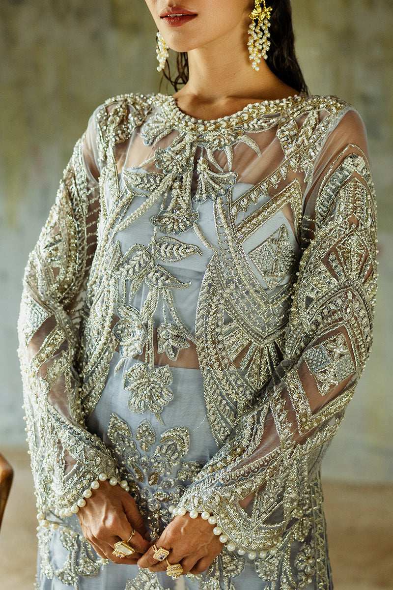 Women Wearing Pivoine Ice Blue Long Shirt for Luxury Events - Pakistani Designer Wear for Women in UK | Kifat