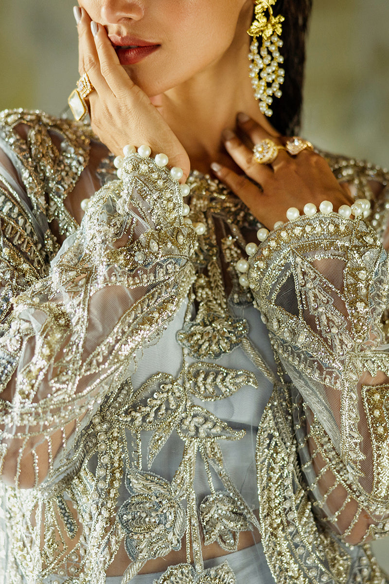 Women Wearing Pivoine Ice Blue Long Shirt for Luxury Events - Pakistani Designer Wear for Women in UK | Kifat