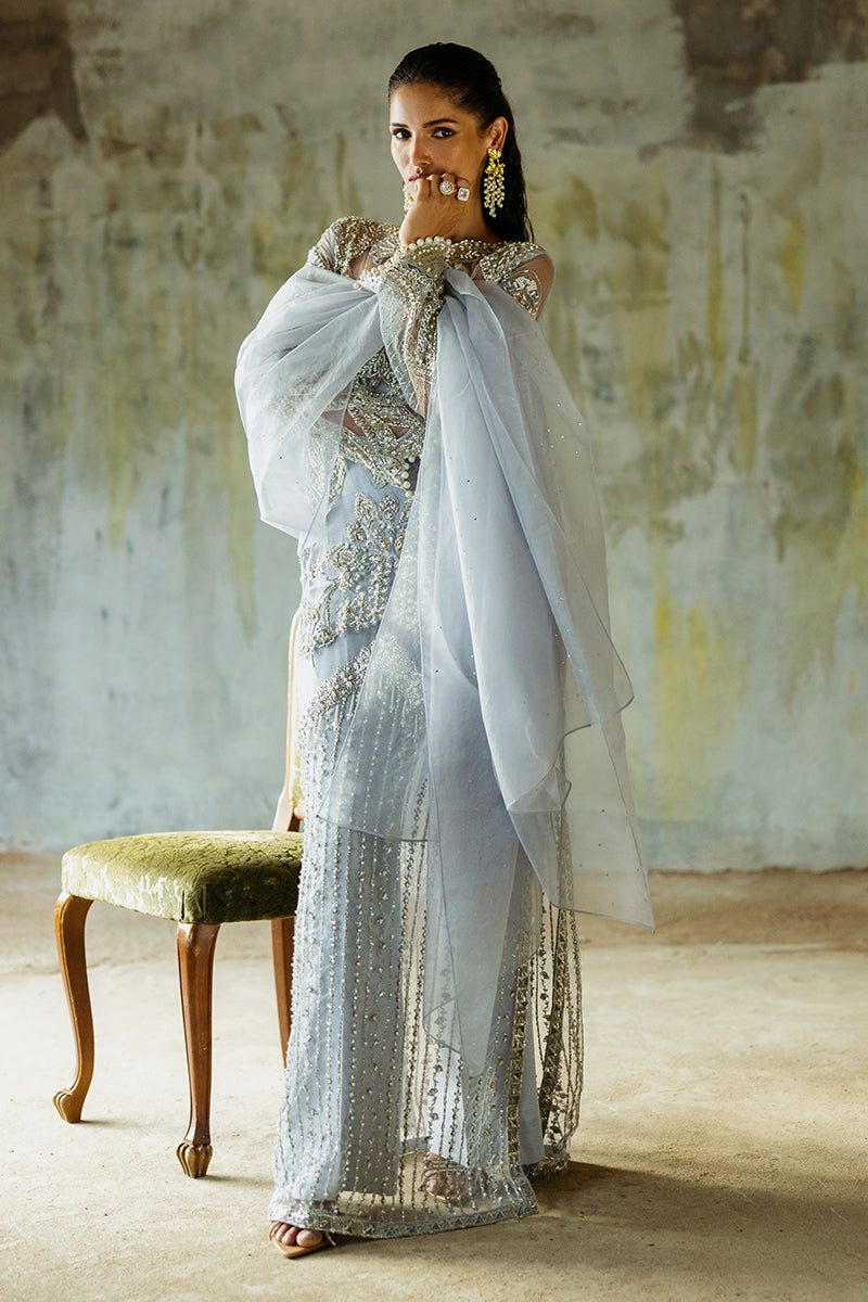 Women Wearing Pivoine Ice Blue Long Shirt for Luxury Events - Pakistani Designer Wear for Women in UK | Kifat