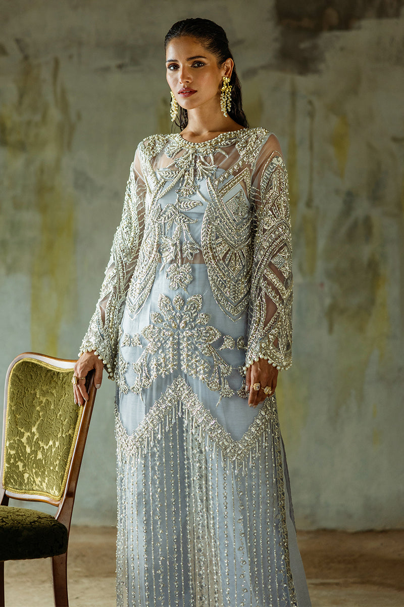 Women Wearing Pivoine Ice Blue Long Shirt for Luxury Events - Pakistani Designer Wear for Women in UK | Kifat