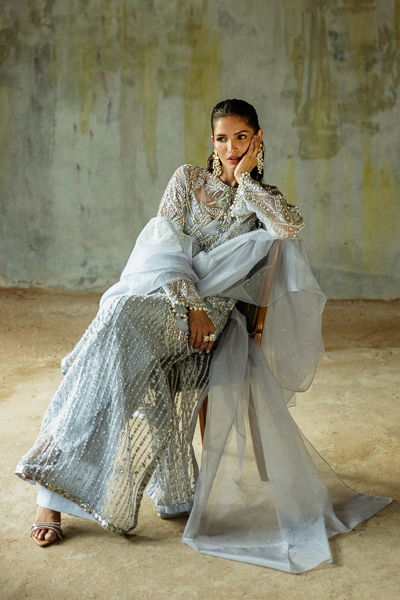 Women Wearing Pivoine Ice Blue Long Shirt for Luxury Events - Pakistani Designer Wear for Women in UK | Kifat
