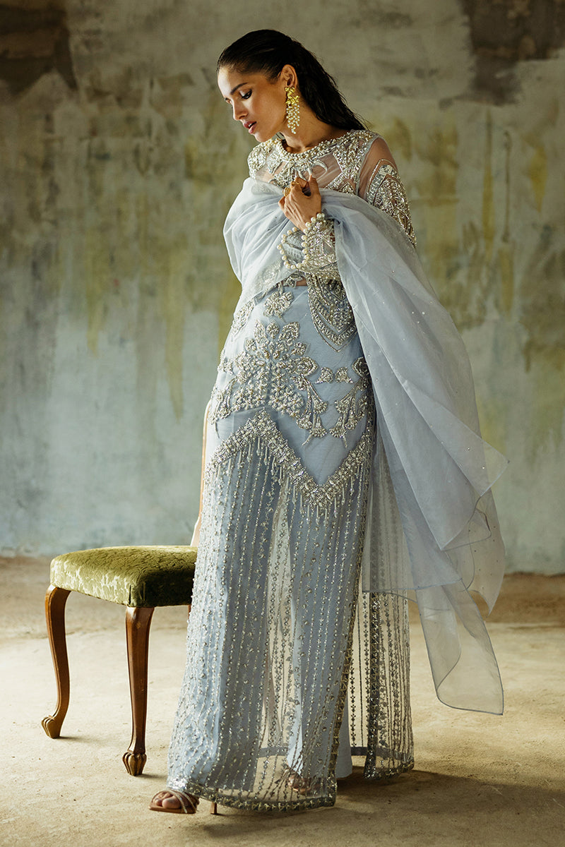 Women Wearing Pivoine Ice Blue Long Shirt for Luxury Events - Pakistani Designer Wear for Women in UK | Kifat