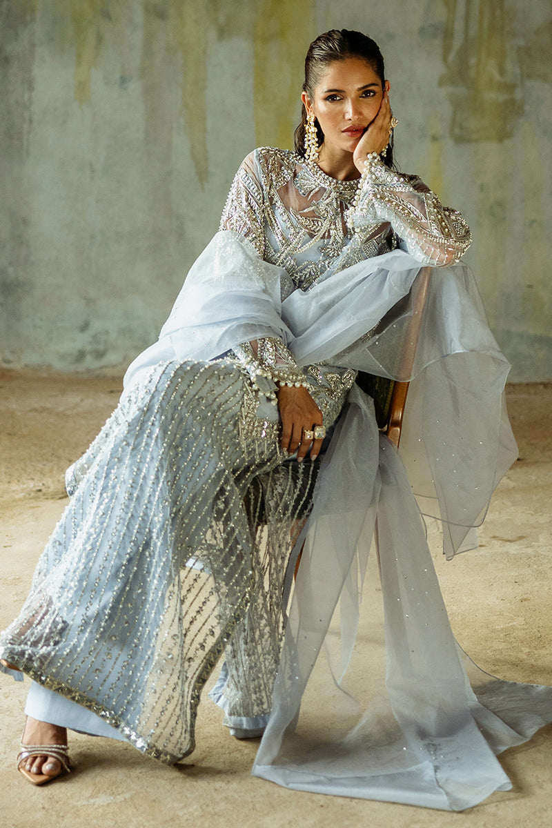 Women Wearing Pivoine Ice Blue Long Shirt for Luxury Events - Pakistani Designer Wear for Women in UK | Kifat