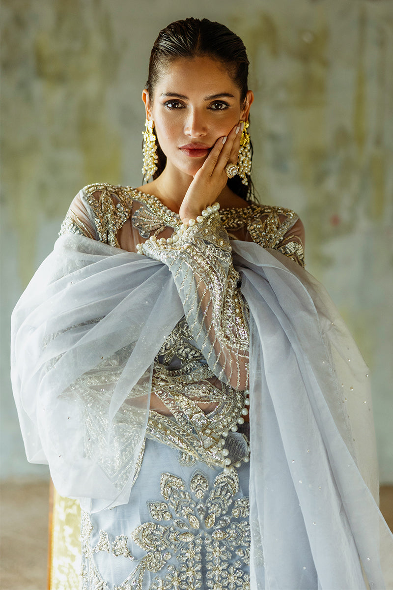Women Wearing Pivoine Ice Blue Long Shirt for Luxury Events - Pakistani Designer Wear for Women in UK | Kifat