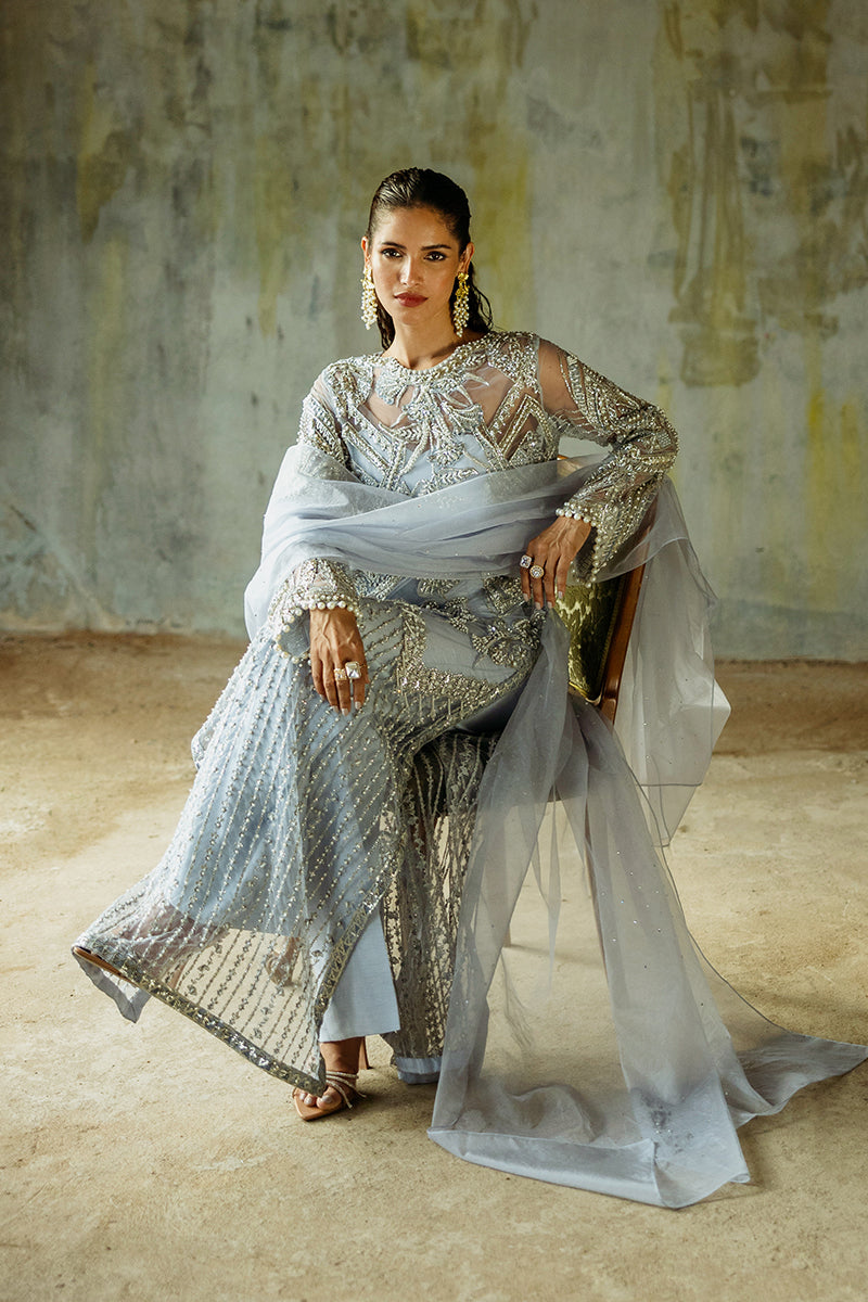 Women Wearing Pivoine Ice Blue Long Shirt for Luxury Events - Pakistani Designer Wear for Women in UK | Kifat