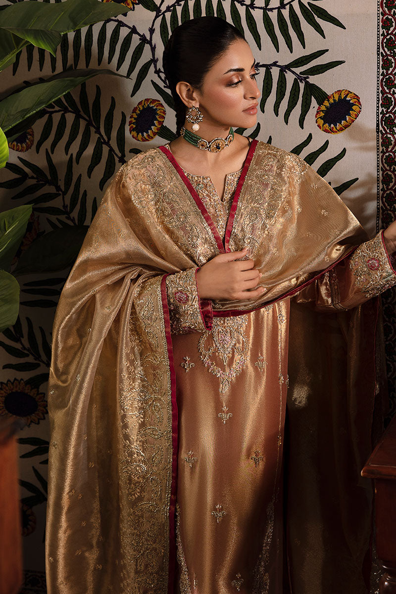 Women Wearing Aleha Red Golden Long Shirt for Formal Events - Pakistani Designer Wear for Women in UK | Kifat
