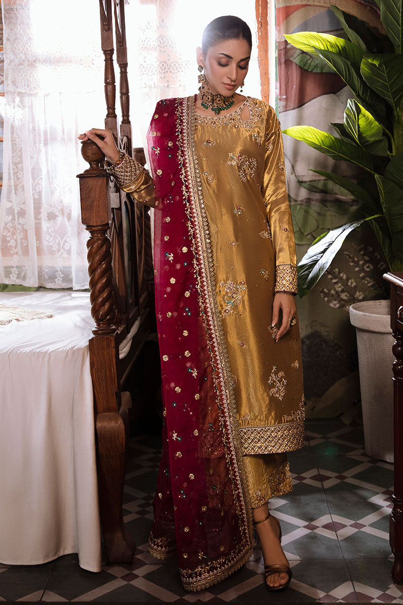 Women Wearing Zaisha Tobacco Gold Long Shirt for Formal Events - Pakistani Designer Wear for Women in UK | Kifat