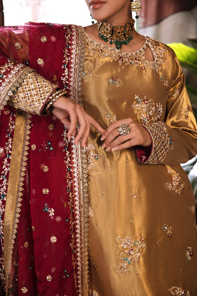 Women Wearing Zaisha Tobacco Gold Long Shirt for Formal Events - Pakistani Designer Wear for Women in UK | Kifat