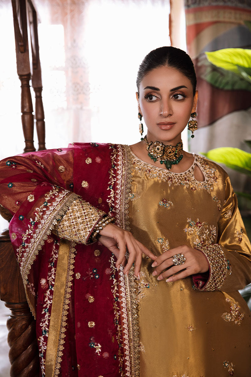 Women Wearing Zaisha Tobacco Gold Long Shirt for Formal Events - Pakistani Designer Wear for Women in UK | Kifat