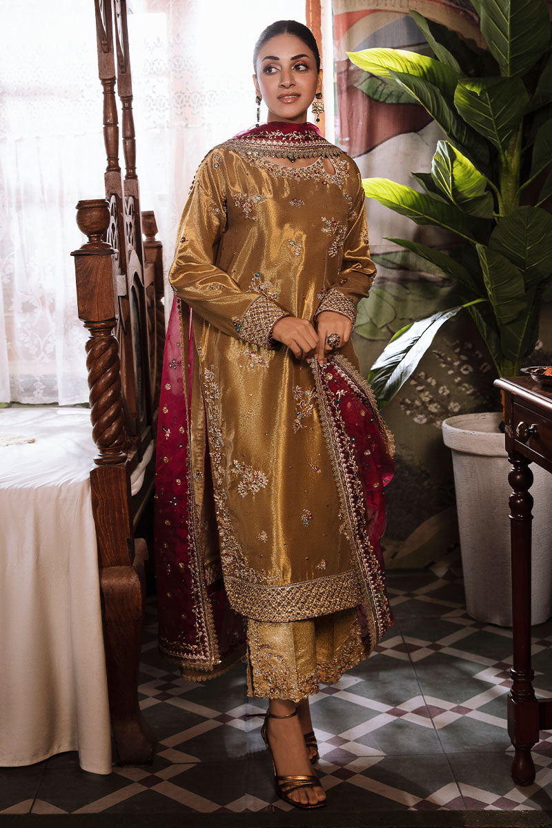 Women Wearing Zaisha Tobacco Gold Long Shirt for Formal Events - Pakistani Designer Wear for Women in UK | Kifat