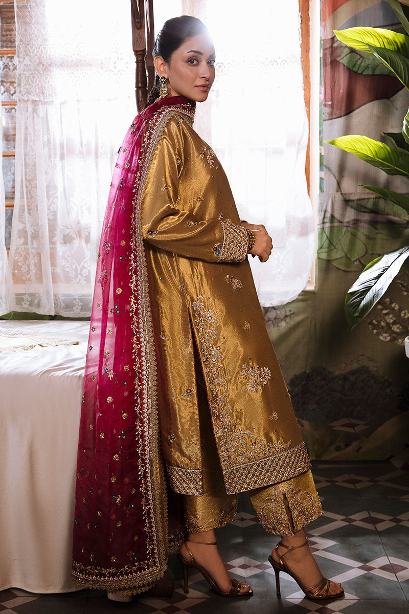 Women Wearing Zaisha Tobacco Gold Long Shirt for Formal Events - Pakistani Designer Wear for Women in UK | Kifat