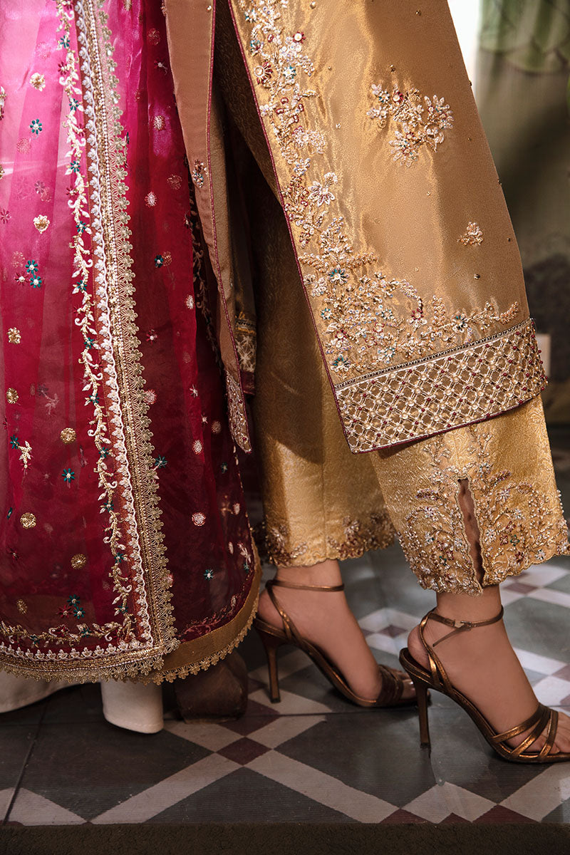 Women Wearing Zaisha Tobacco Gold Long Shirt for Formal Events - Pakistani Designer Wear for Women in UK | Kifat