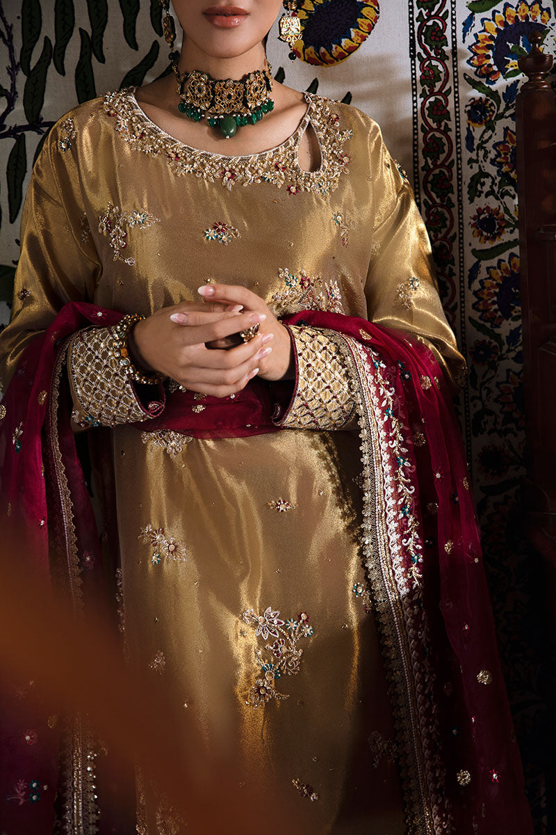 Women Wearing Zaisha Tobacco Gold Long Shirt for Formal Events - Pakistani Designer Wear for Women in UK | Kifat