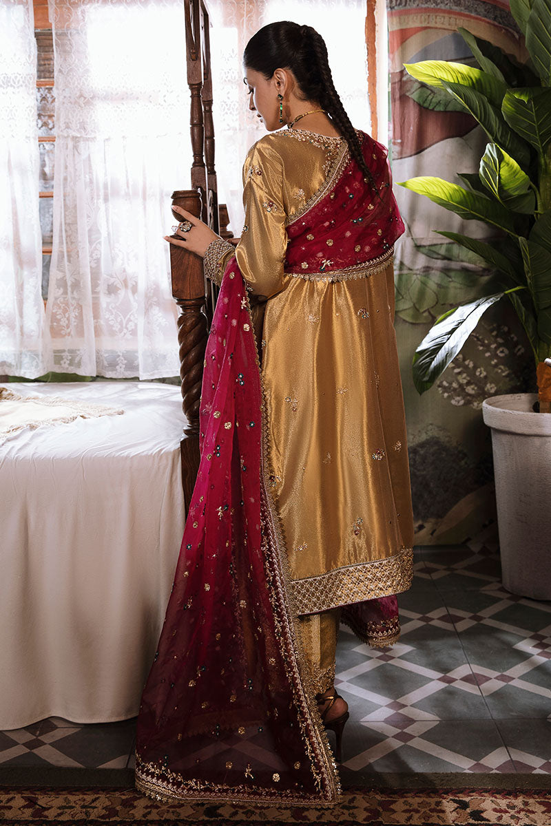 Women Wearing Zaisha Tobacco Gold Long Shirt for Formal Events - Pakistani Designer Wear for Women in UK | Kifat