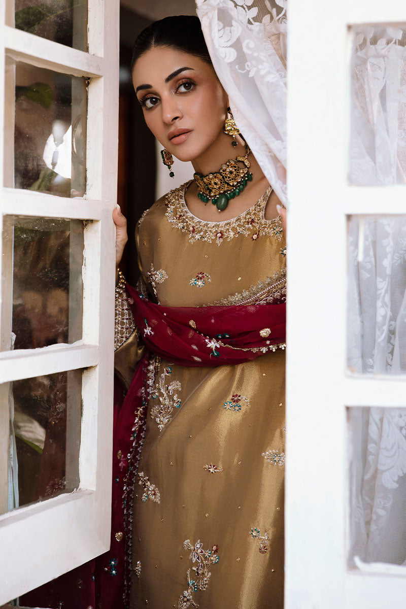 Women Wearing Zaisha Tobacco Gold Long Shirt for Formal Events - Pakistani Designer Wear for Women in UK | Kifat