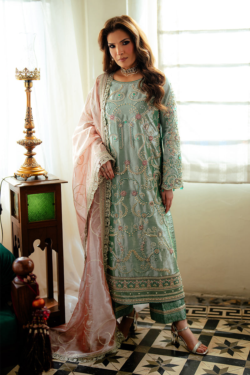Women Wearing Jana Sea Green Long Shirt for Formal Events - Pakistani Designer Wear for Women in UK | Kifat
