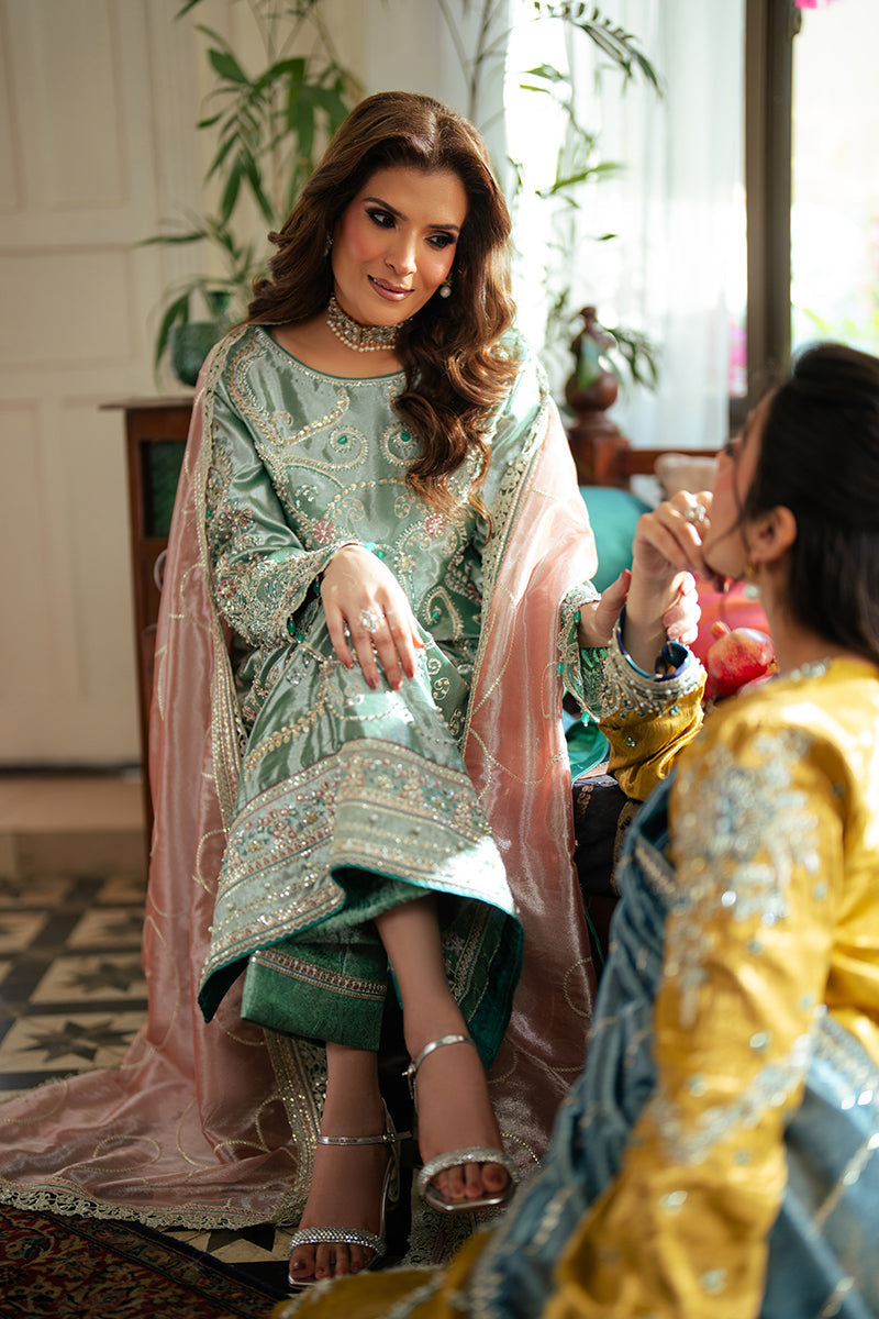 Women Wearing Jana Sea Green Long Shirt for Formal Events - Pakistani Designer Wear for Women in UK | Kifat