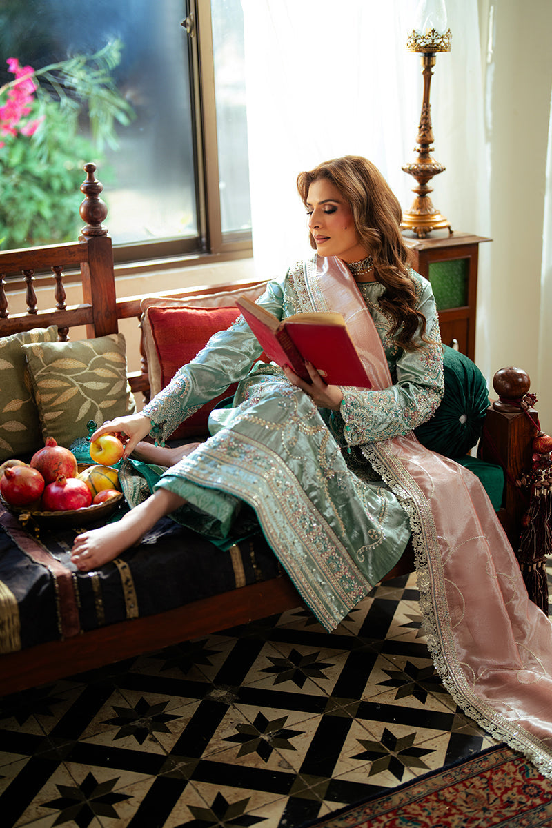 Women Wearing Jana Sea Green Long Shirt for Formal Events - Pakistani Designer Wear for Women in UK | Kifat