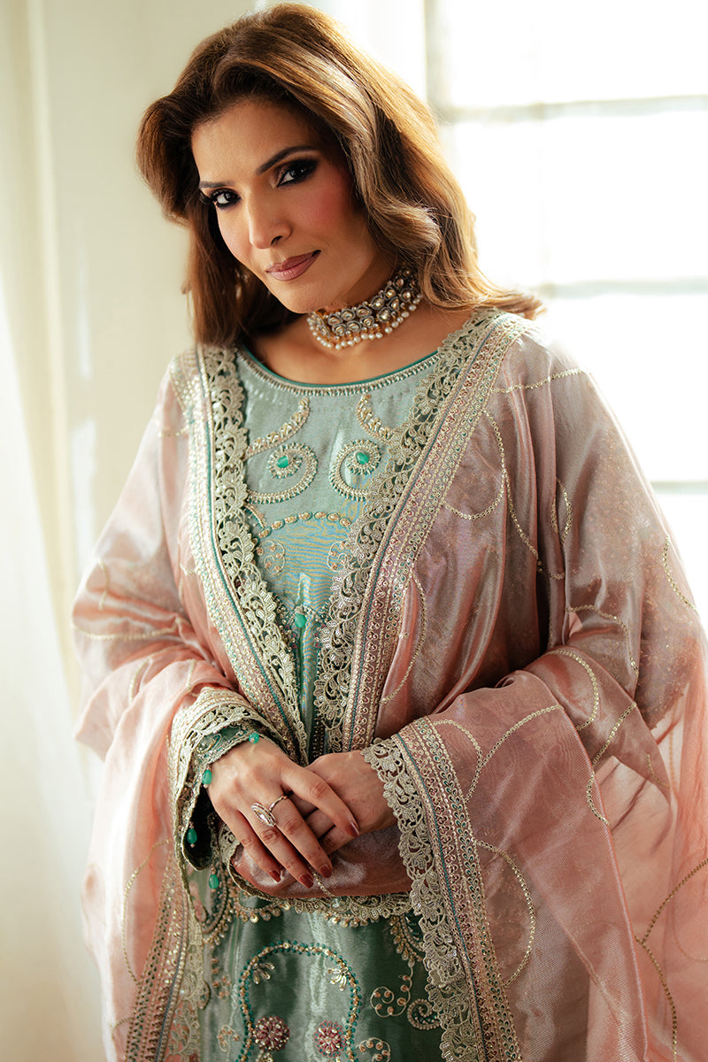 Women Wearing Jana Sea Green Long Shirt for Formal Events - Pakistani Designer Wear for Women in UK | Kifat
