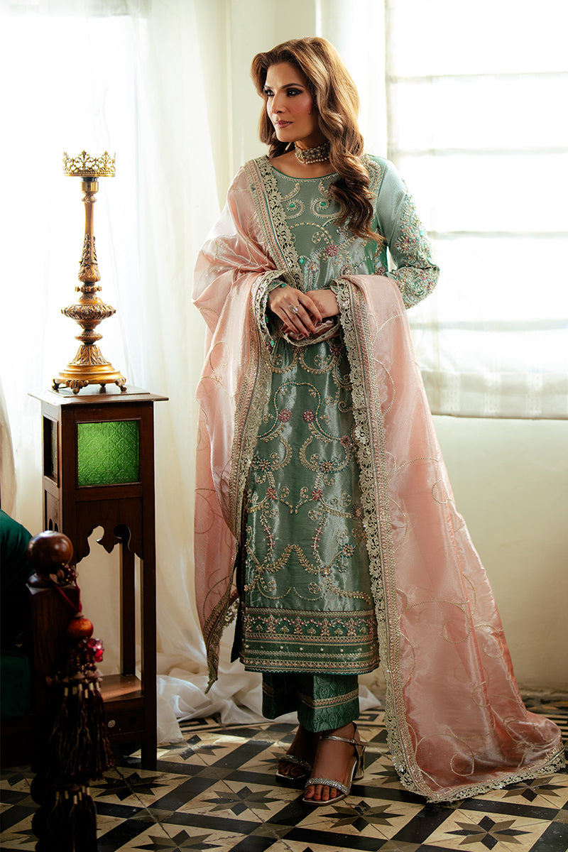 Women Wearing Jana Sea Green Long Shirt for Formal Events - Pakistani Designer Wear for Women in UK | Kifat