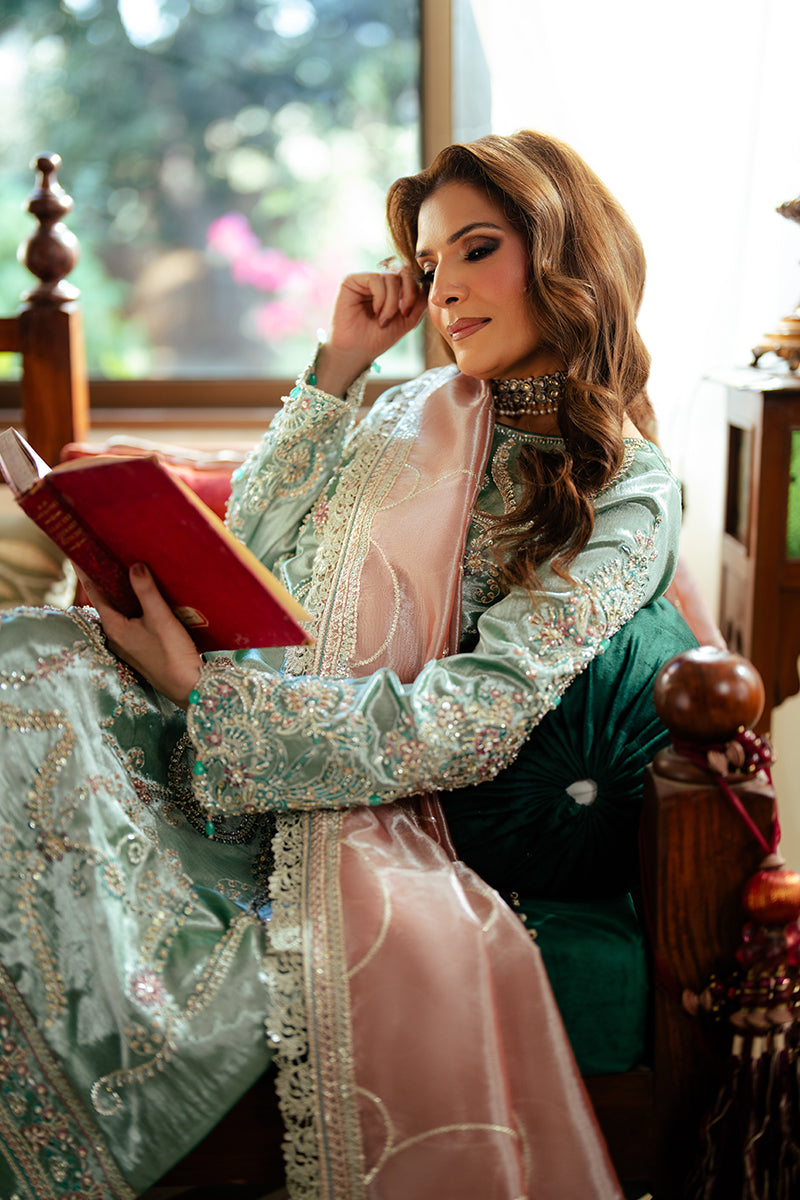Women Wearing Jana Sea Green Long Shirt for Formal Events - Pakistani Designer Wear for Women in UK | Kifat