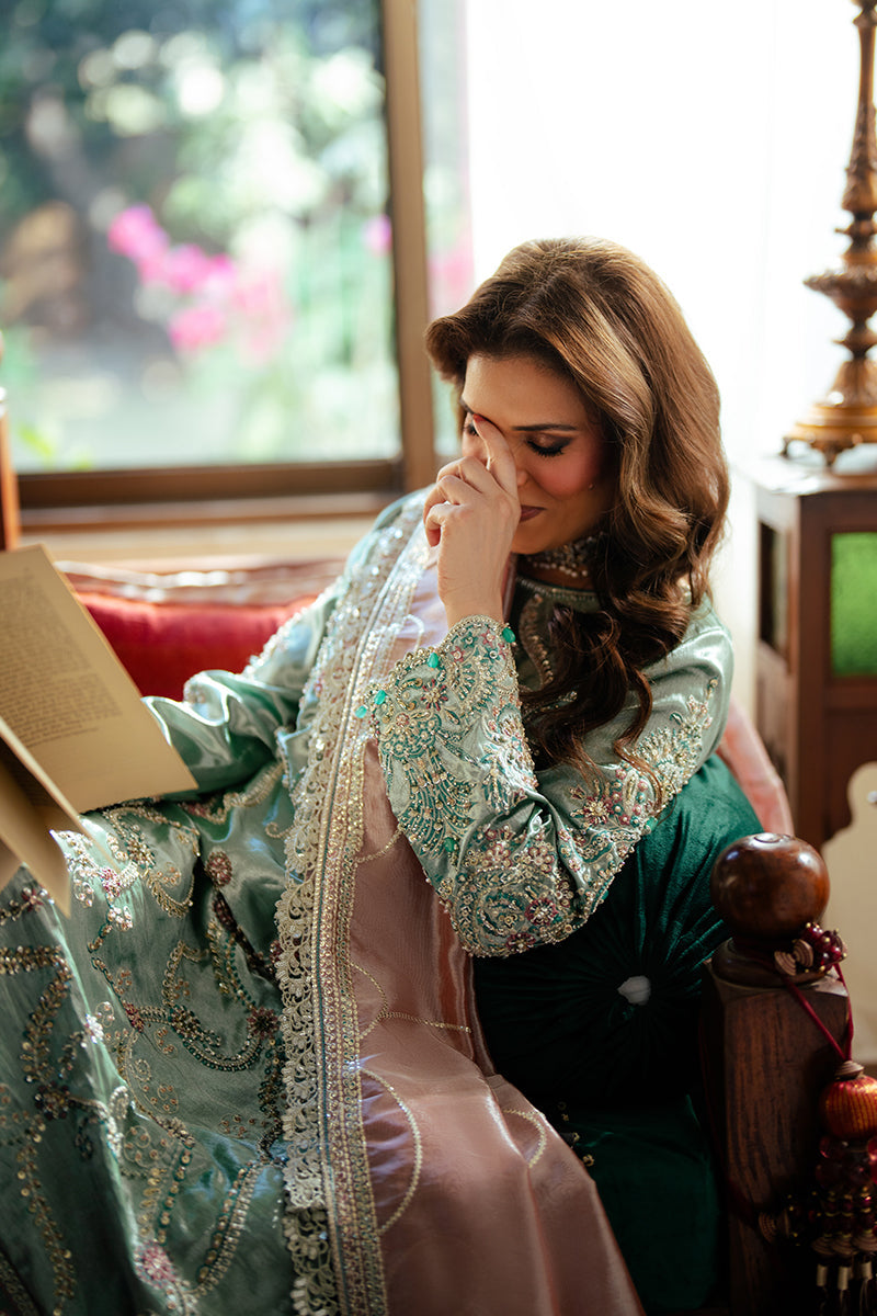 Women Wearing Jana Sea Green Long Shirt for Formal Events - Pakistani Designer Wear for Women in UK | Kifat