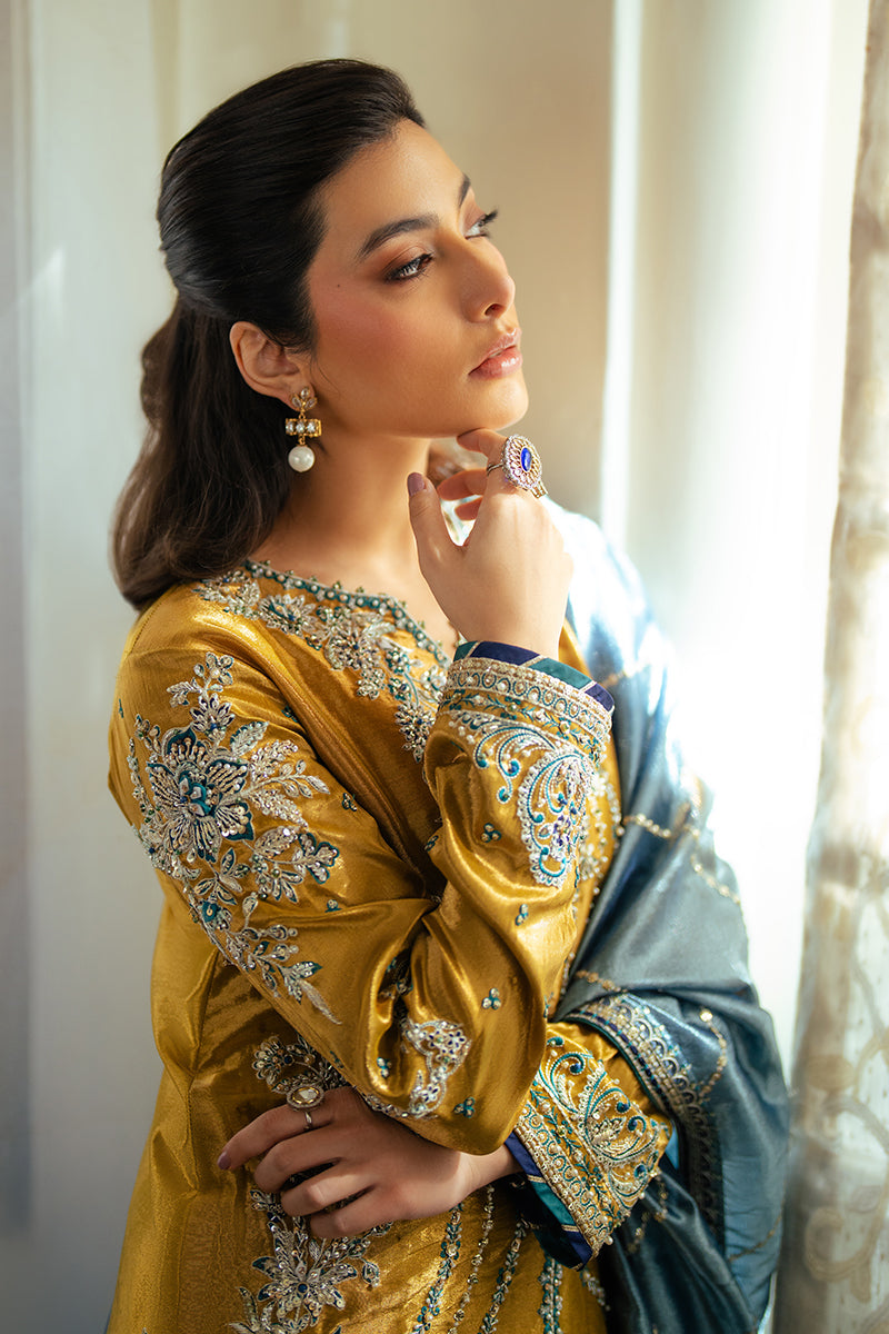 Women Wearing Zoya Golden Long Shirt for Formal Events - Pakistani Designer Wear for Women in UK | Kifat