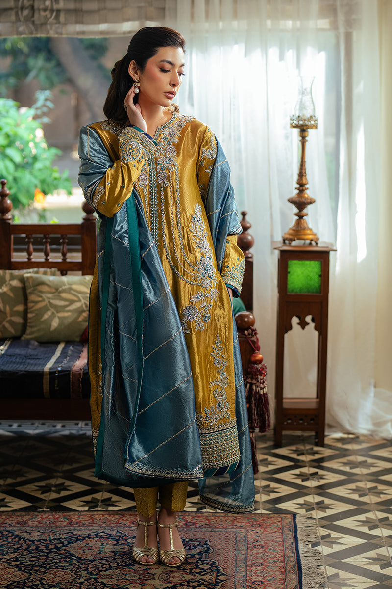 Women Wearing Zoya Golden Long Shirt for Formal Events - Pakistani Designer Wear for Women in UK | Kifat