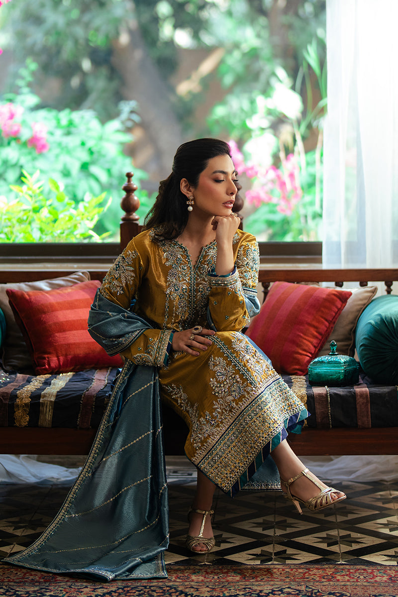 Women Wearing Zoya Golden Long Shirt for Formal Events - Pakistani Designer Wear for Women in UK | Kifat