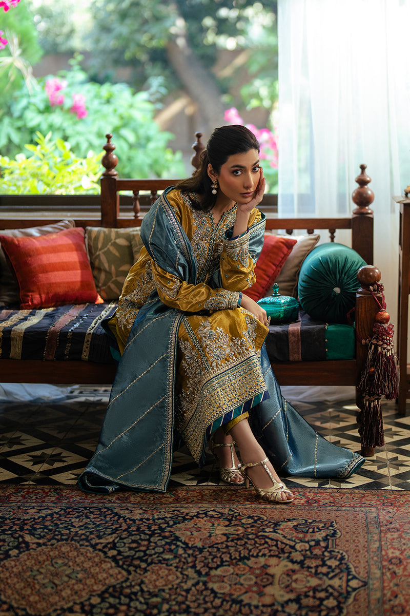 Women Wearing Zoya Golden Long Shirt for Formal Events - Pakistani Designer Wear for Women in UK | Kifat
