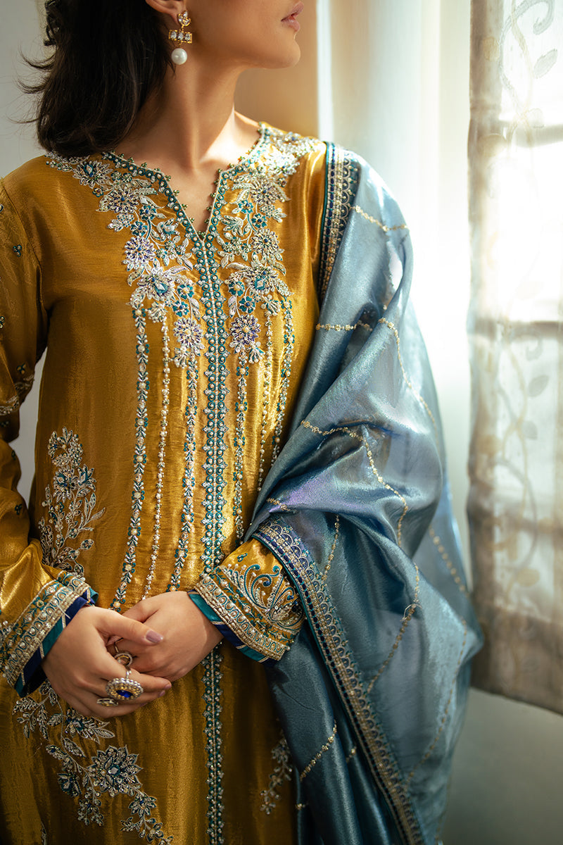 Women Wearing Zoya Golden Long Shirt for Formal Events - Pakistani Designer Wear for Women in UK | Kifat