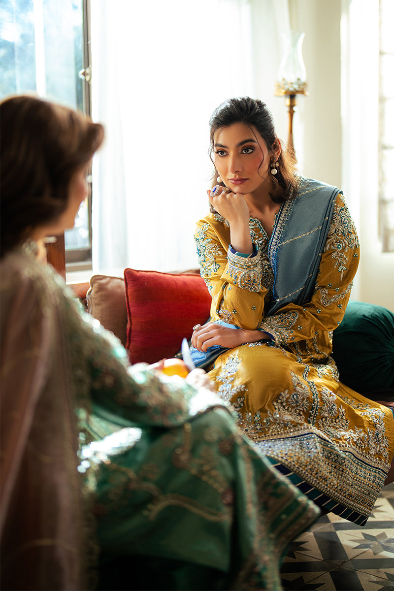 Women Wearing Zoya Golden Long Shirt for Formal Events - Pakistani Designer Wear for Women in UK | Kifat