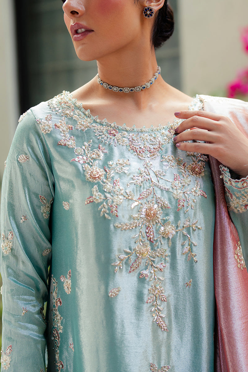 Women Wearing Eman Light Blue Long Shirt for Formal Events - Pakistani Designer Wear for Women in UK | Kifat
