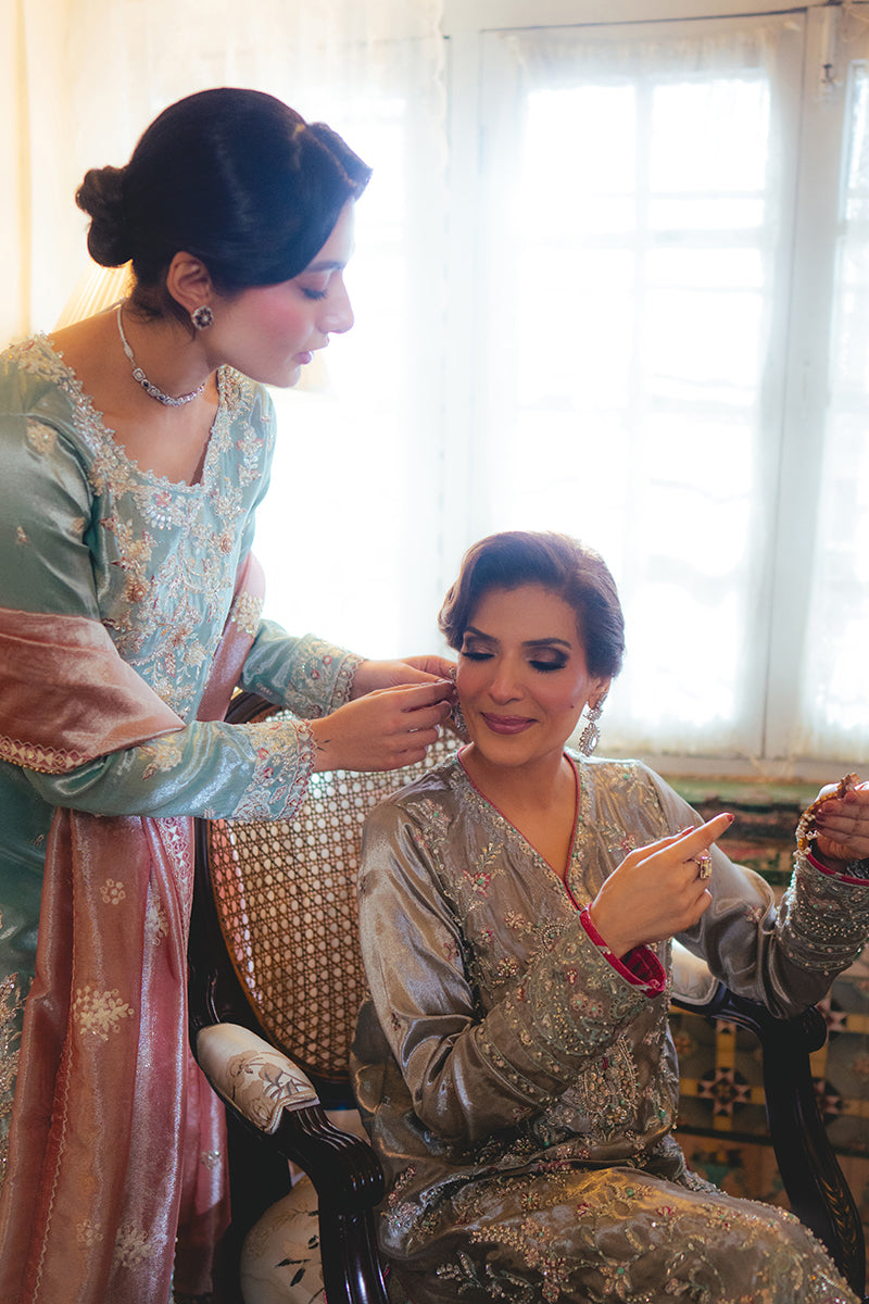 Women Wearing Eman Light Blue Long Shirt for Formal Events - Pakistani Designer Wear for Women in UK | Kifat
