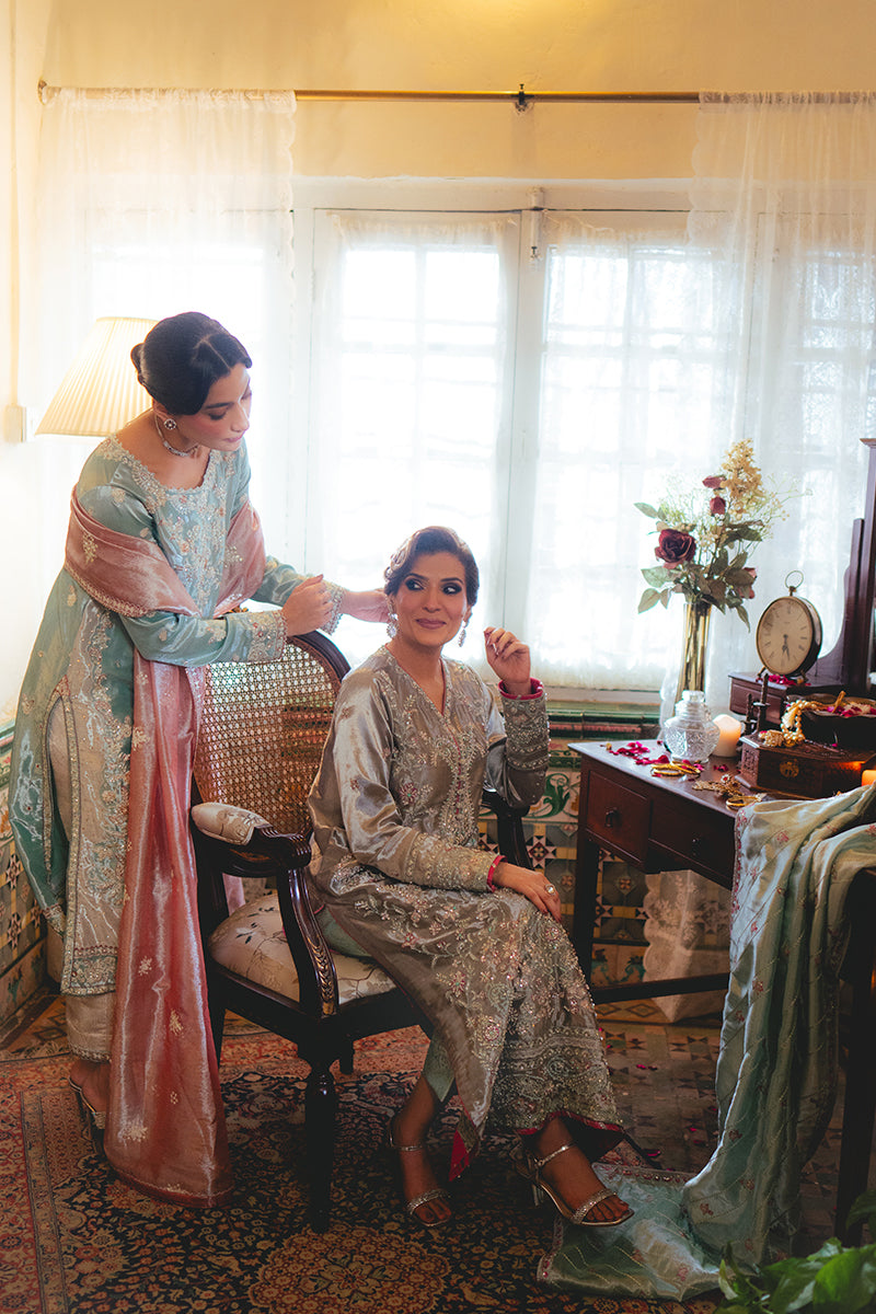 Women Wearing Eman Light Blue Long Shirt for Formal Events - Pakistani Designer Wear for Women in UK | Kifat