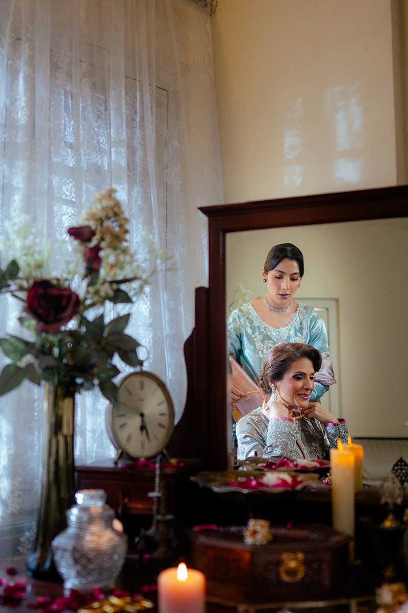 Women Wearing Eman Light Blue Long Shirt for Formal Events - Pakistani Designer Wear for Women in UK | Kifat