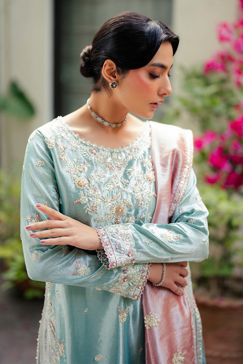Women Wearing Eman Light Blue Long Shirt for Formal Events - Pakistani Designer Wear for Women in UK | Kifat