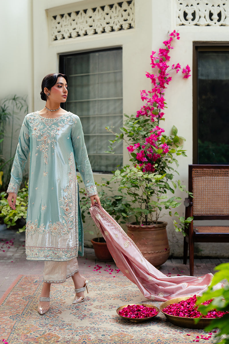 Women Wearing Eman Light Blue Long Shirt for Formal Events - Pakistani Designer Wear for Women in UK | Kifat