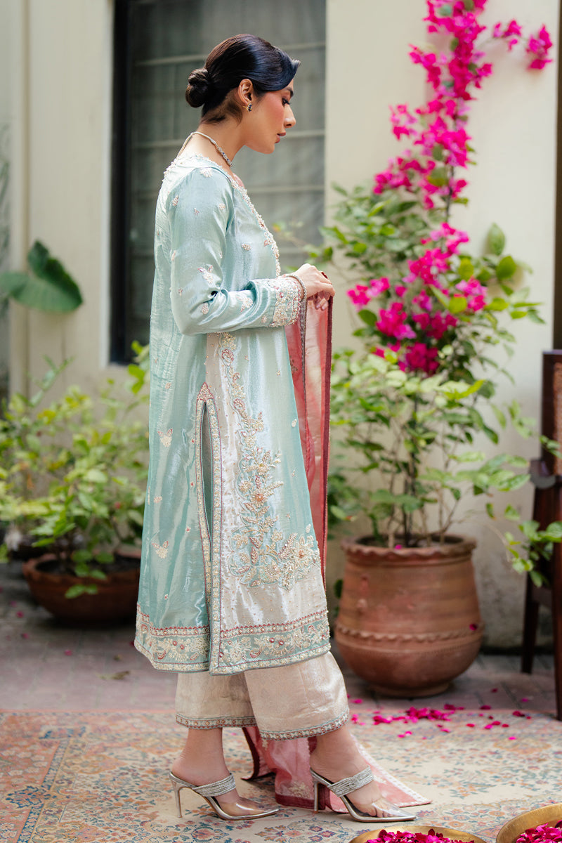 Women Wearing Eman Light Blue Long Shirt for Formal Events - Pakistani Designer Wear for Women in UK | Kifat