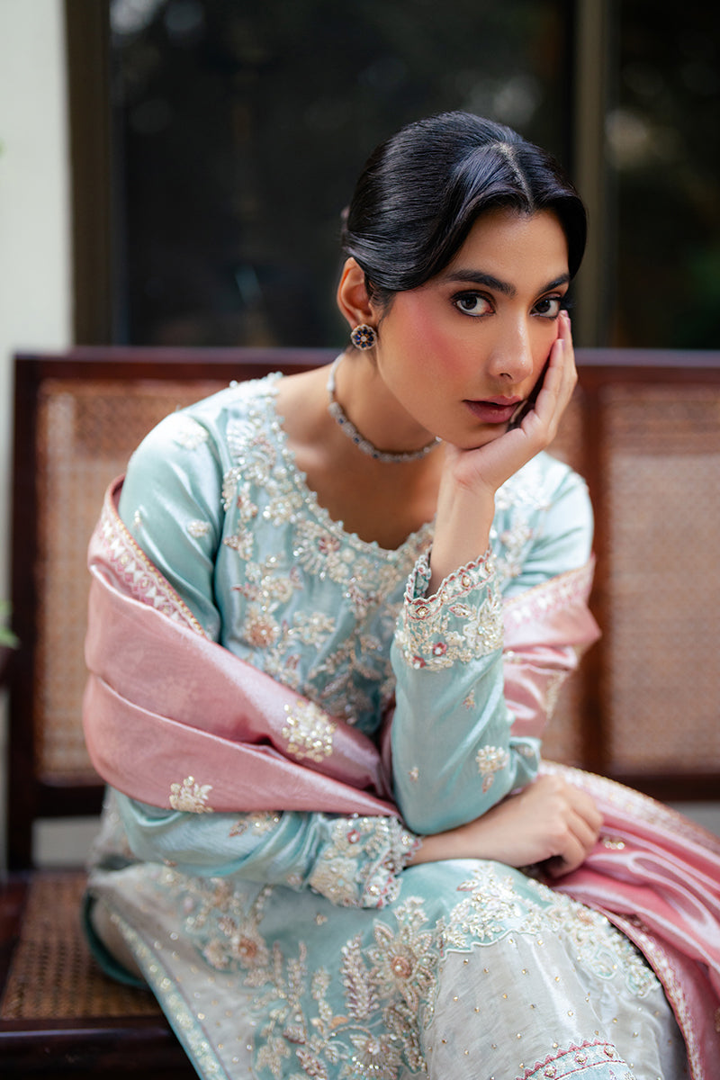 Women Wearing Eman Light Blue Long Shirt for Formal Events - Pakistani Designer Wear for Women in UK | Kifat