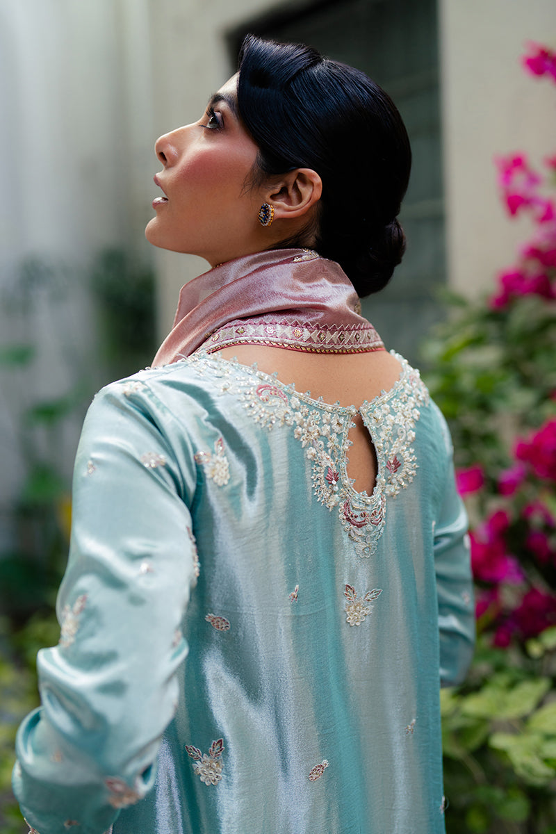 Women Wearing Eman Light Blue Long Shirt for Formal Events - Pakistani Designer Wear for Women in UK | Kifat