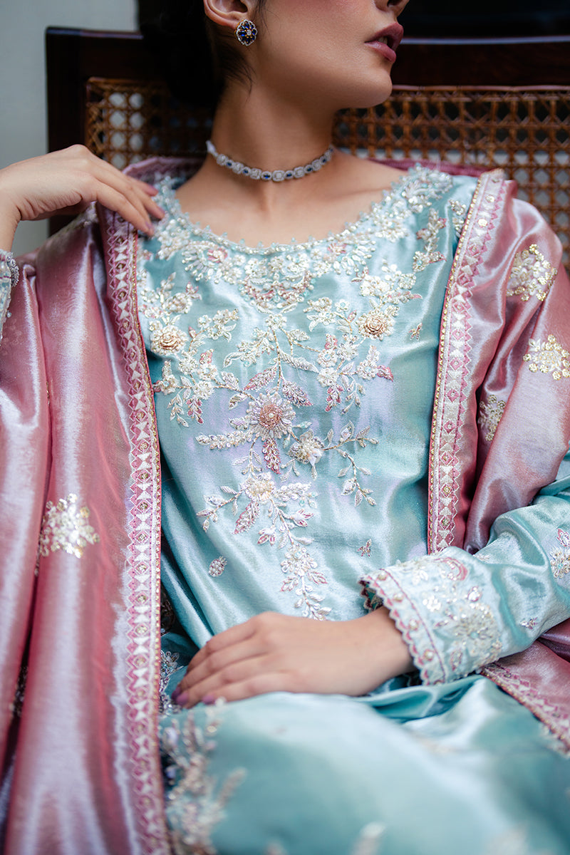 Women Wearing Eman Light Blue Long Shirt for Formal Events - Pakistani Designer Wear for Women in UK | Kifat