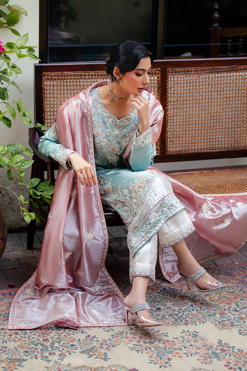 Women Wearing Eman Light Blue Long Shirt for Formal Events - Pakistani Designer Wear for Women in UK | Kifat