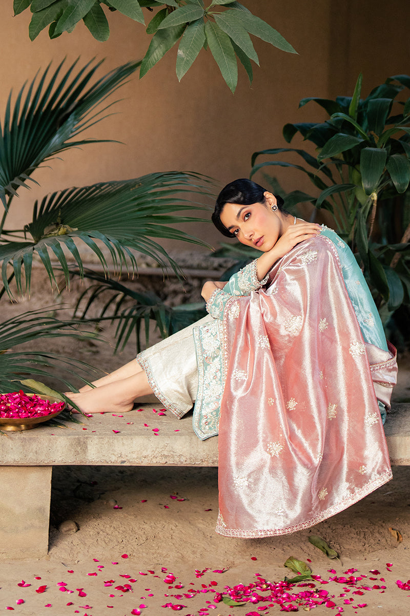 Women Wearing Eman Light Blue Long Shirt for Formal Events - Pakistani Designer Wear for Women in UK | Kifat