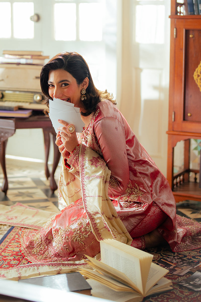 Women Wearing Meher Rose Pink Long Shirt for Formal Events - Pakistani Designer Wear for Women in UK | Kifat