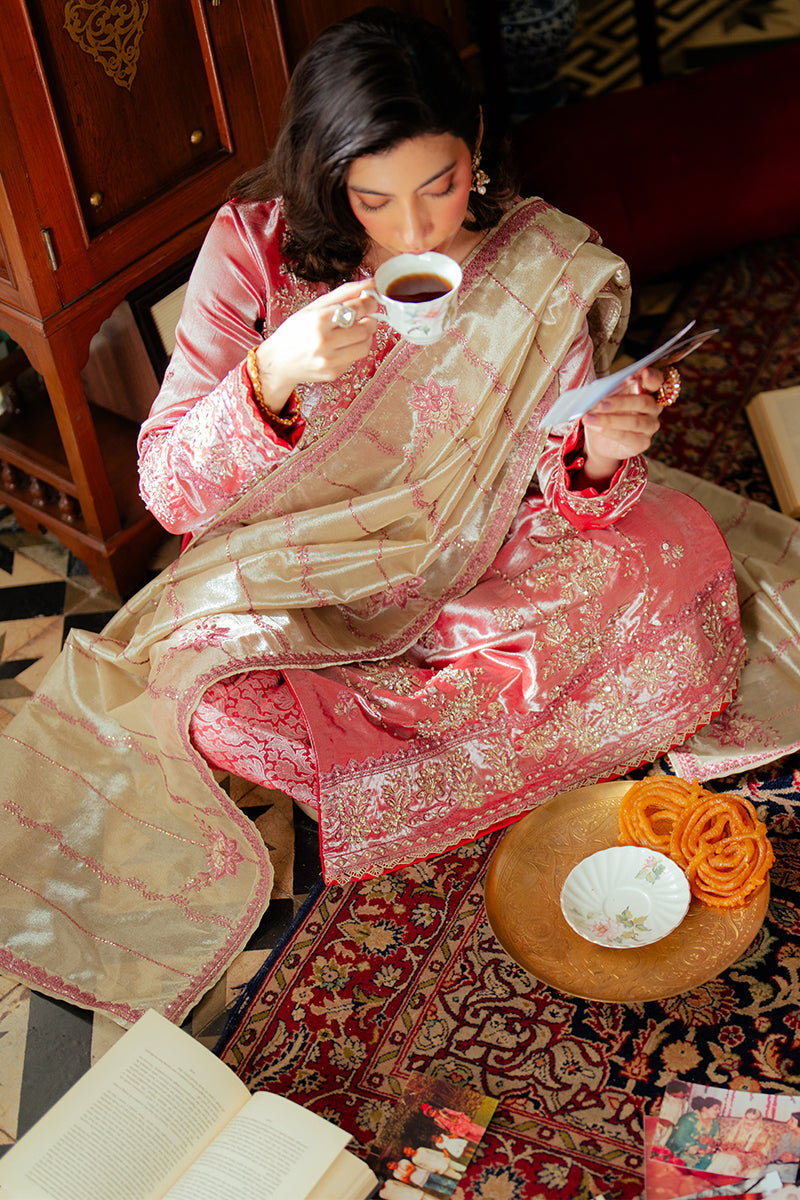 Women Wearing Meher Rose Pink Long Shirt for Formal Events - Pakistani Designer Wear for Women in UK | Kifat